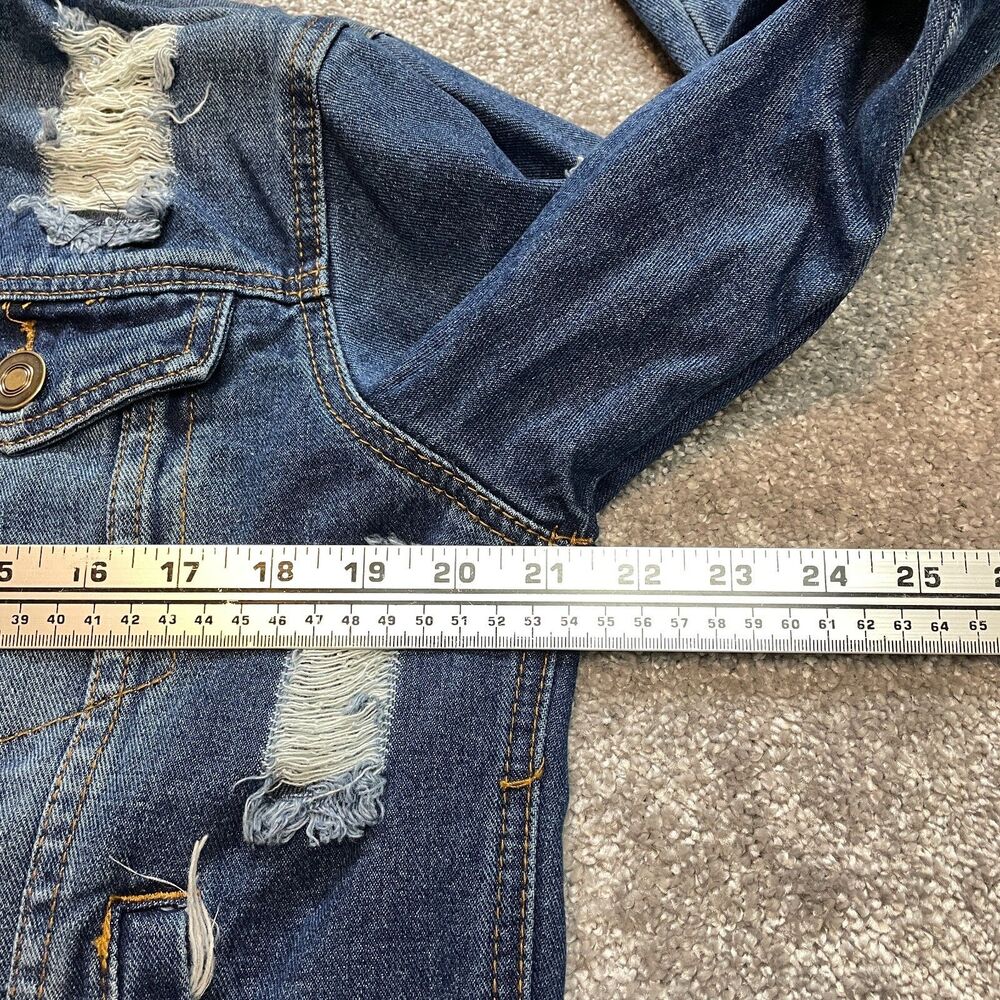 Rue 21 Jean Jacket Womens Small Blue Denim Distressed Dark Wash Black Hooded - Picture 9 of 11